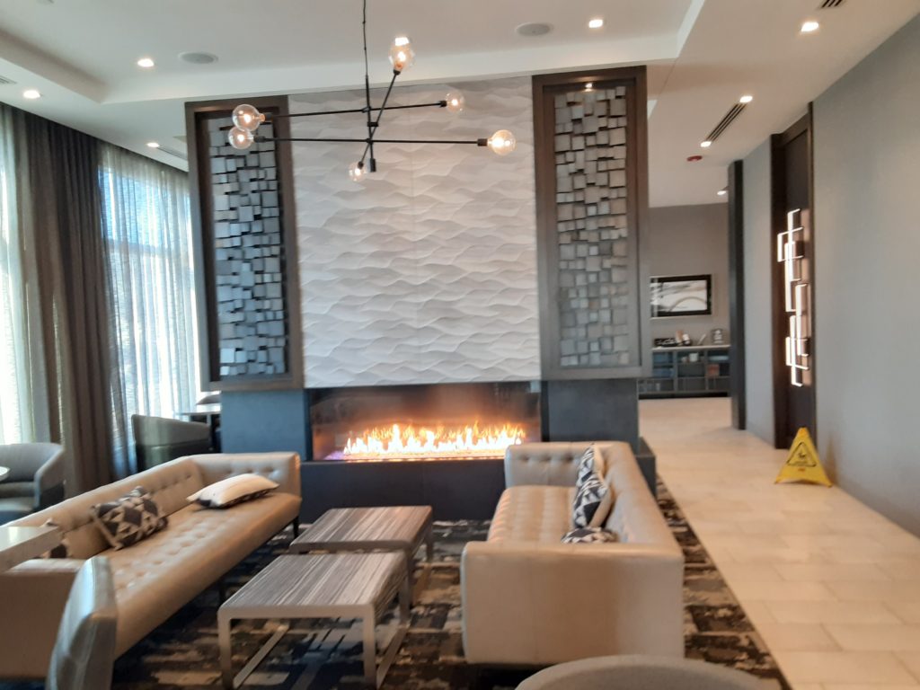 Hotel lobby with fireplace